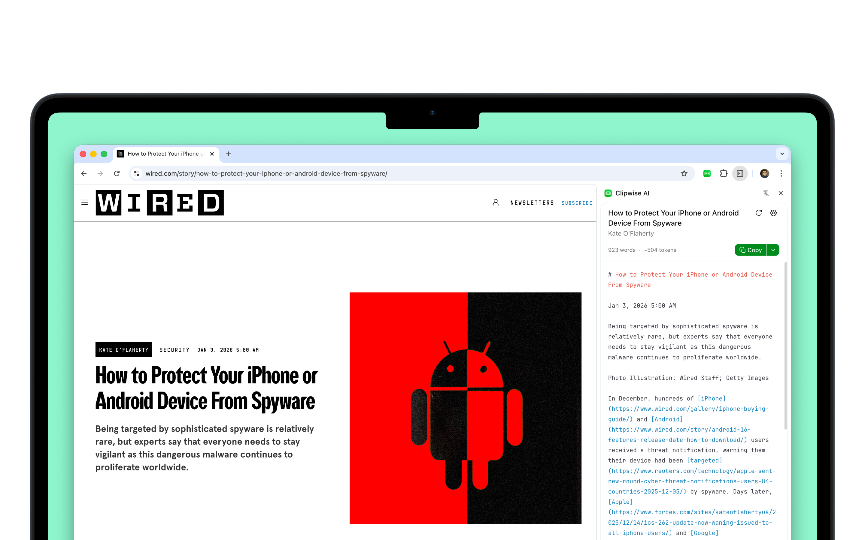 Clipwise AI Chrome extension sidebar showing a webpage converted to clean Markdown format