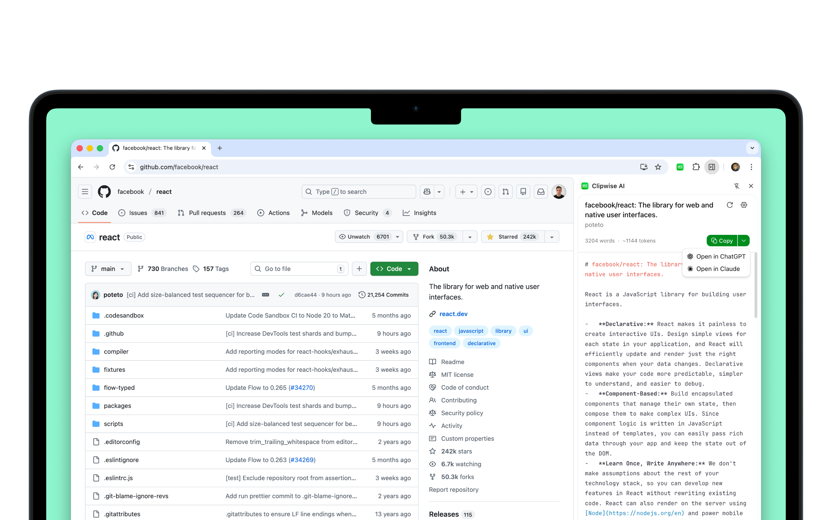 Clipwise AI integration buttons for ChatGPT and Claude with one-click paste functionality