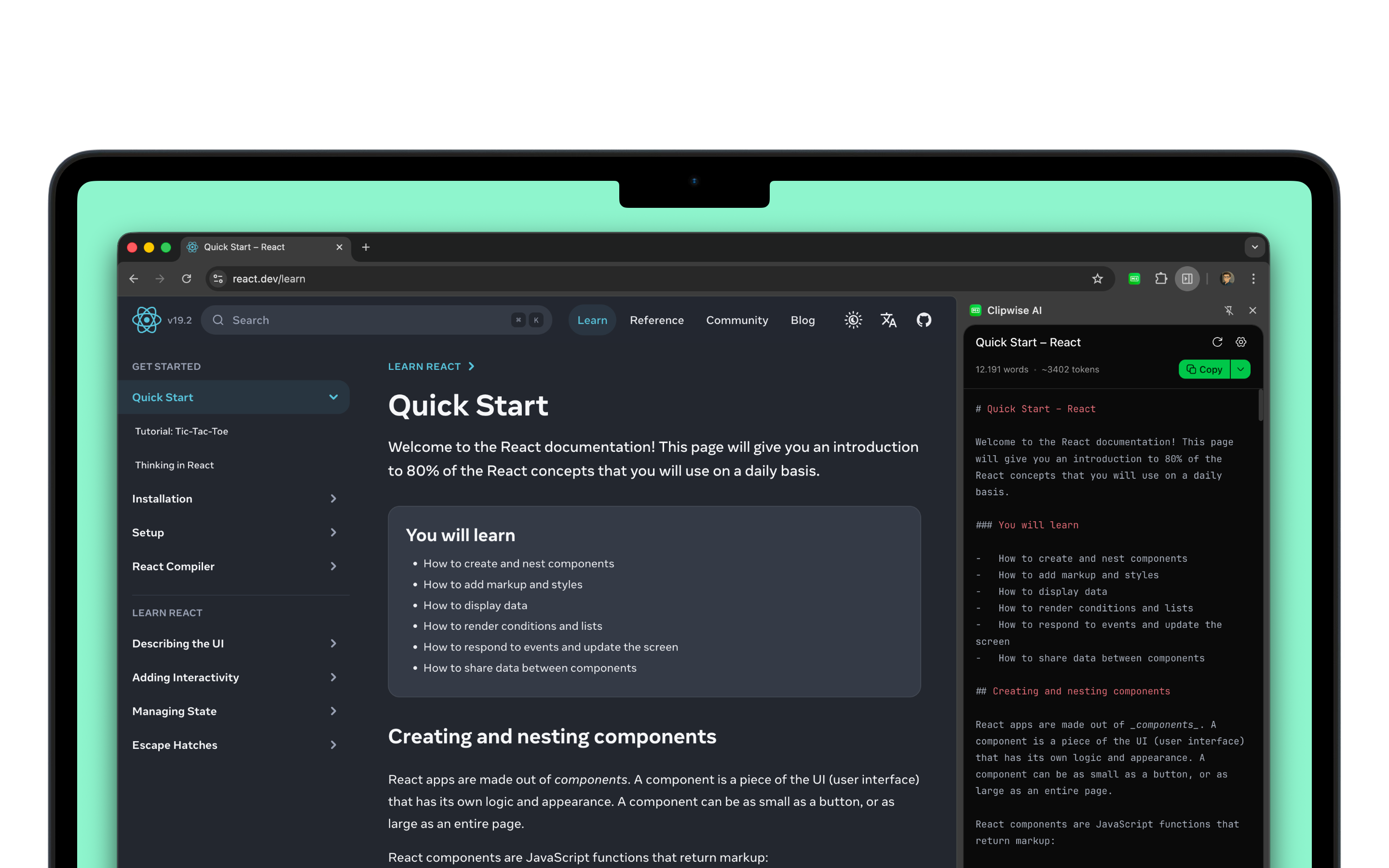 Clipwise AI extension in dark mode theme matching system preferences